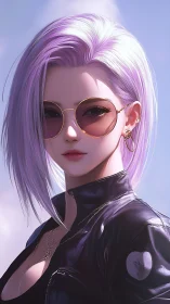 Lavender rebel in rose sunglasses under quiet sky.