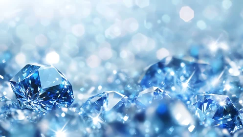 Blue gemstones glitter under diffused bokeh lighting field.