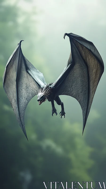 Dark winged dragon soaring over blurred forest background