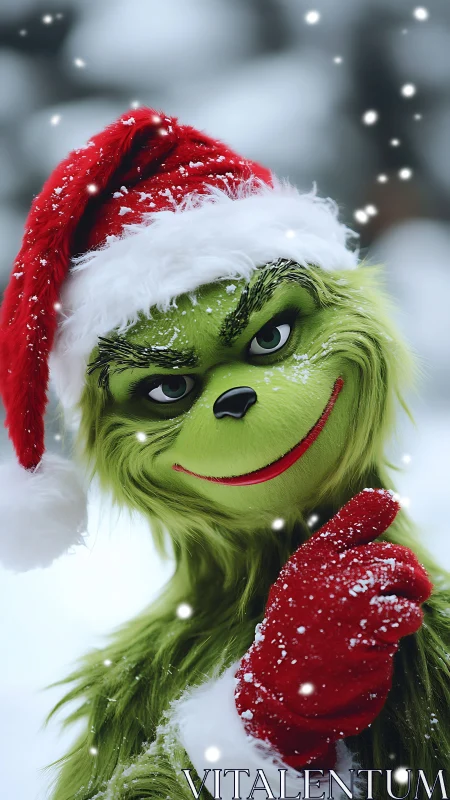 Green furry Christmas mischief maker in snowy closeup