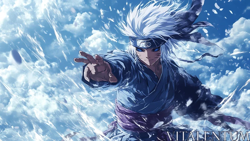 Storm-bright warrior rises through swirling sky and light