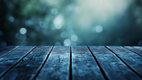 Weathered Wooden Table with Blue Tones and Abstract Nature Background.