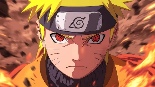 Intense close-up of anime ninja with glowing red eyes in fire