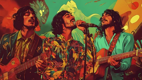 Psychedelic trio portrait with guitars in stylized concert tableau.