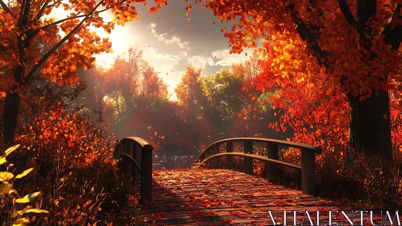 Curved wooden footbridge across sunlit autumn forest stream
