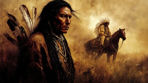 Stoic indigenous leaders stand in a windswept golden haze