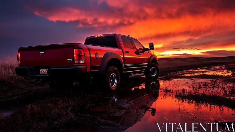 Crimson pickup pauses proudly in a puddled sunset blaze