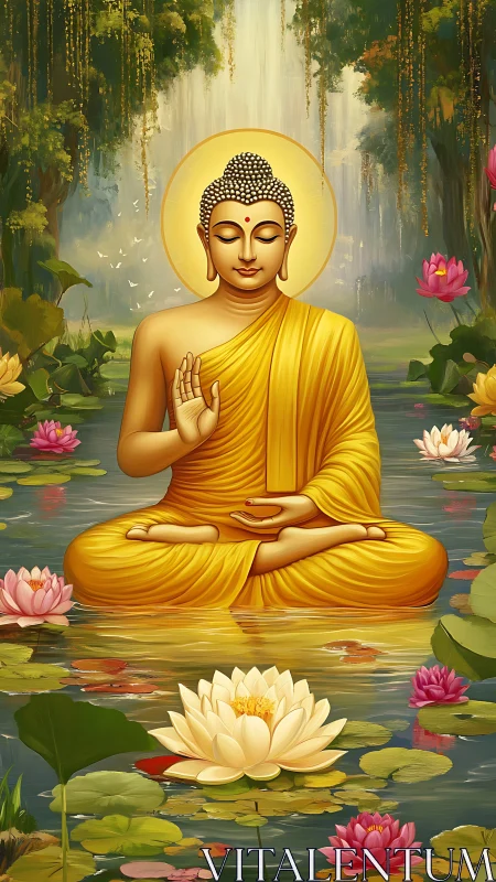 Serene Buddha meditation amid luminous lotus pond waters.