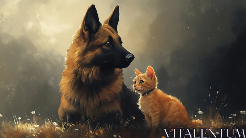 German Shepherd and Orange Cat in Golden Meadow Light.