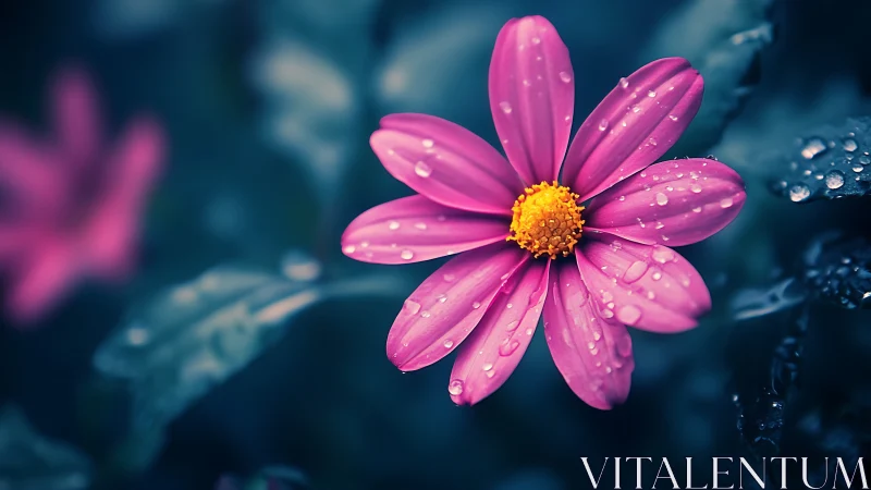 Rain-kissed magenta daisy glowing in a midnight garden.