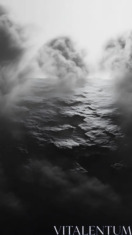 Storm-lashed monochrome seascape under swirling fog banks.