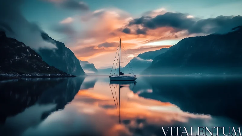 Solitary sailboat dreaming in mirrored fjord twilight calm.