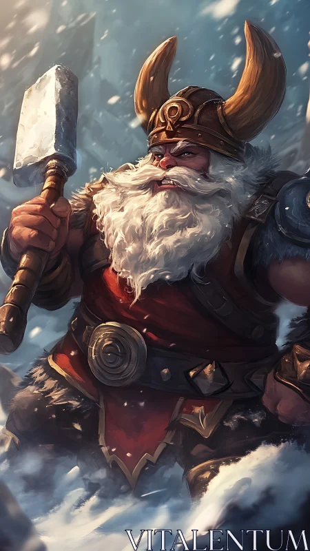 Snow-swept dwarf warrior strides forward with mighty hammer