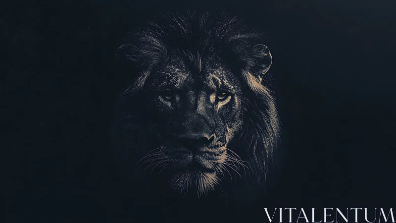 Lion head portrait in low key monochrome lighting.