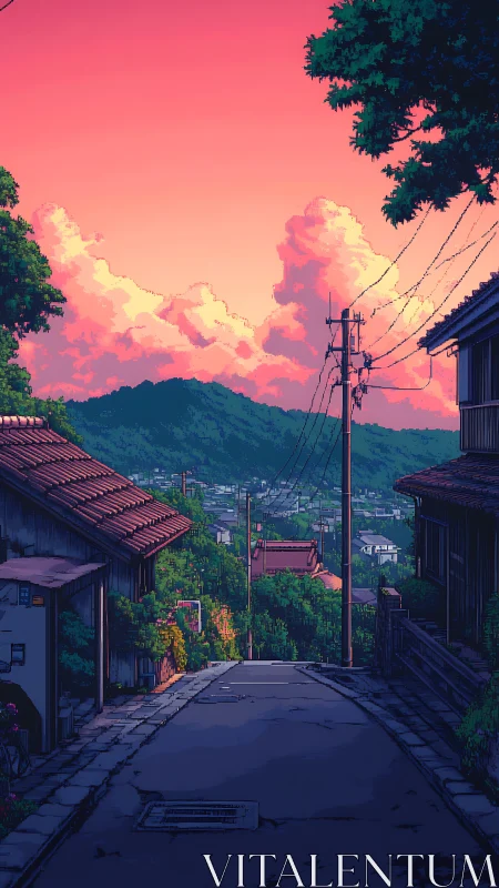 Sunset-lit sloping street with telegraph lines and distant hills