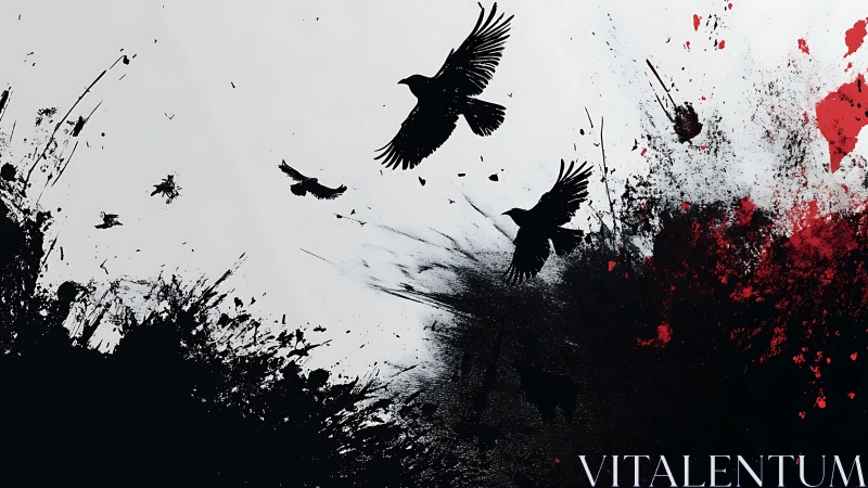 Ink-splattered crows erupt through stark red and black chaos.
