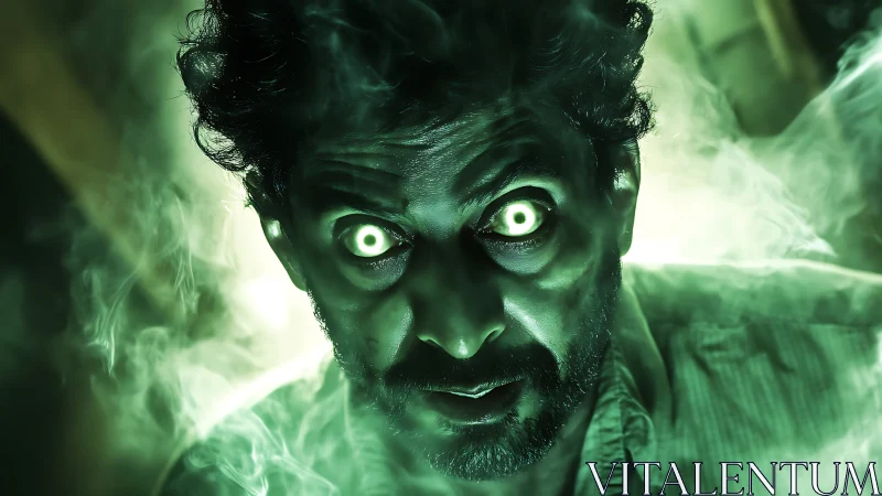 Haunting green-eyed man emerging from swirling toxic fog.