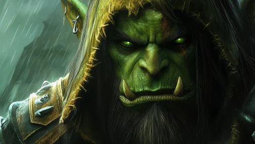 Orc warlord portrait with glowing eyes and rain-soaked hood.