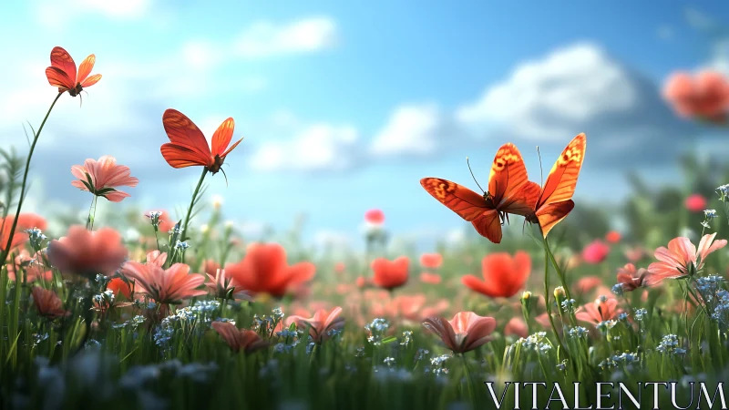 Orange butterflies drift over sunlit wildflower meadow