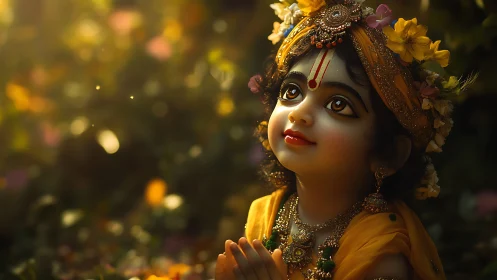 Devotional child figure in yellow garments under warm light.
