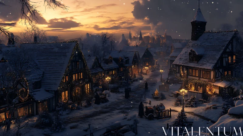 Snowy village street glows with warm festive lantern light