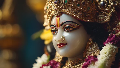 Ornate Hindu goddess idol close-up with jeweled crown and garlands