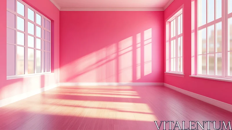 Sunlit pink interior with wide windows and warm shadows.