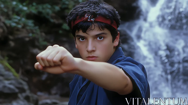 Young martial artist strikes focus before rushing waterfall.
