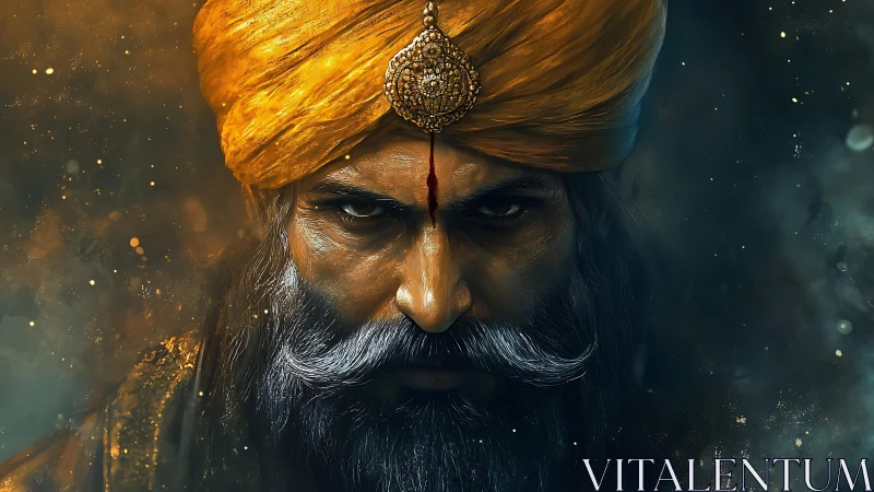 Intense turbaned warrior gazes forward with fierce resolve