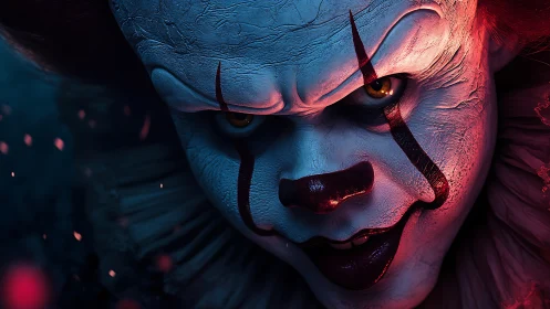 Predatory carnival clown in sinister neon-shadowed closeup.