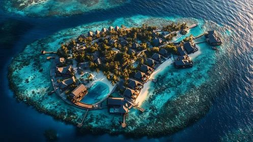 Tropical island resort with overwater bungalows and coral reef
