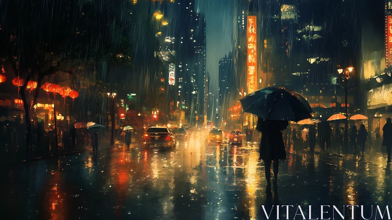 Rain-soaked city street at night with illuminated signage.