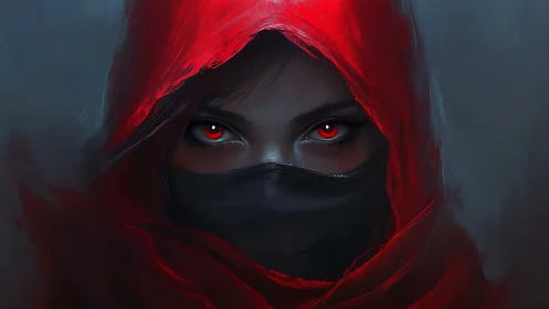 Scarlet hooded assassin stares forward with glowing red eyes