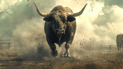 Charging bull erupts through dust on a dramatic open plain.