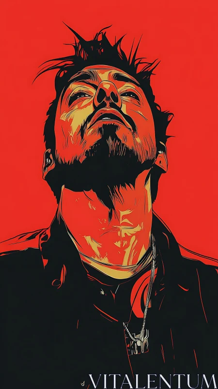 Crimson sky swallows a defiant portrait in bold vectors