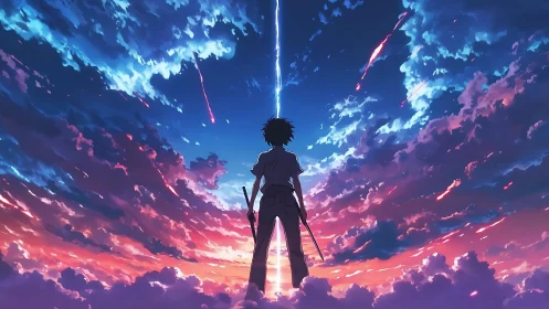 Silhouetted figure under dramatic multicolored twilight sky.