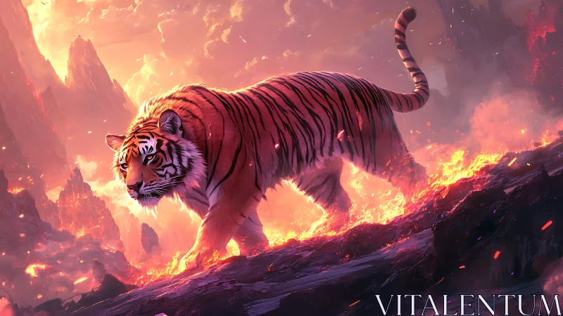 Majestic tiger wandering through glowing molten twilight.