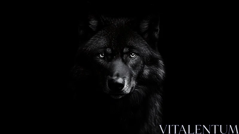 Midnight wolf sentinel gazing from a velvet-black void.