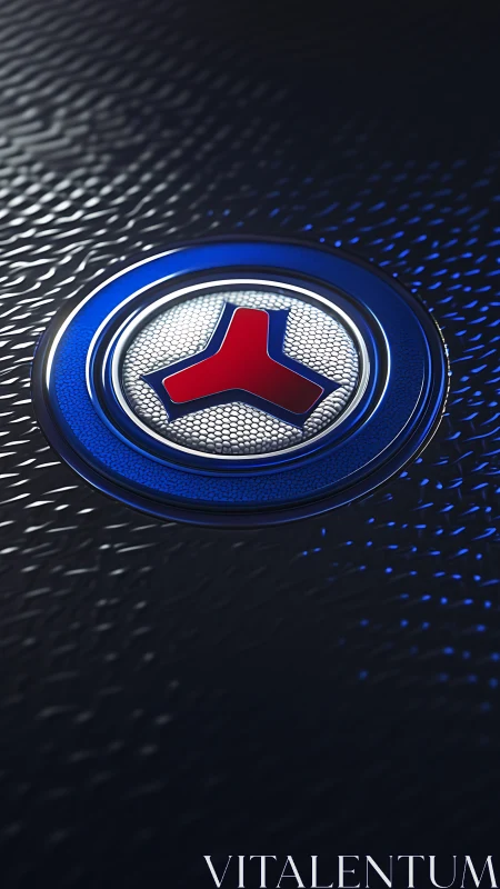 Bold red and blue tech emblem rests on sleek dark surface