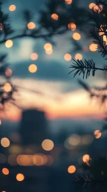 Shallow-depth twilight bokeh with silhouetted evergreen branches.