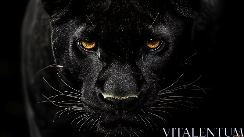 Black Panther Portrait with Golden Luminous Eyes Against Dark Background.