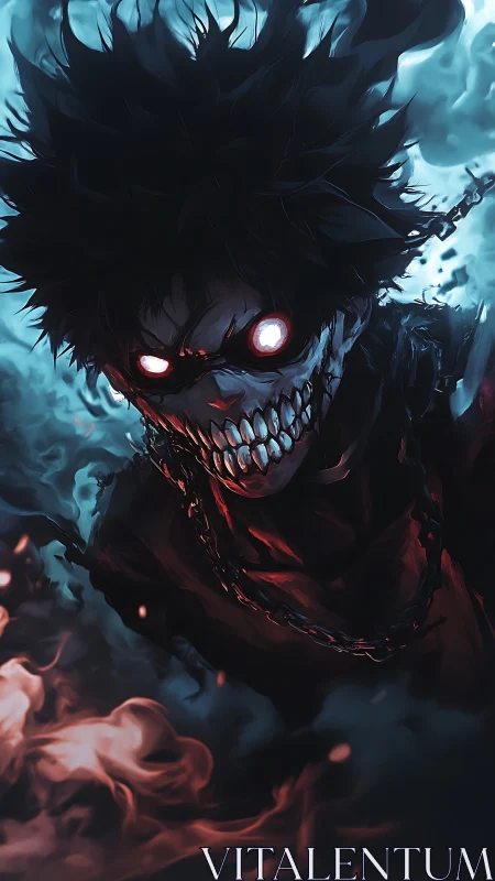 Demonic anime wraith advances through cyan and ember mist