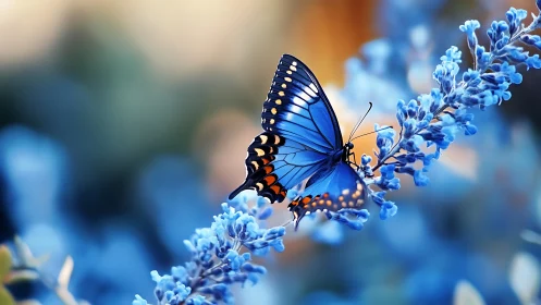 Blue swallowtail butterfly on vivid bokeh floral branch.