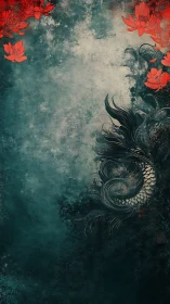 Koi silhouette with red lotus blooms on teal grunge field.