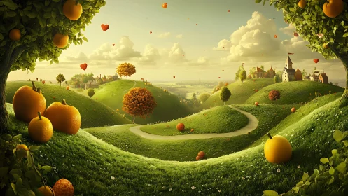Hilly landscape with village, orange fruit and heart shapes.
