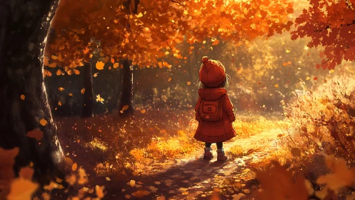 Backlit child in autumn forest under volumetric foliage glow.