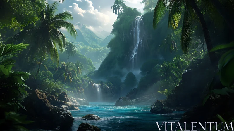 Lush tropical waterfall canyon with turquoise jungle pool.