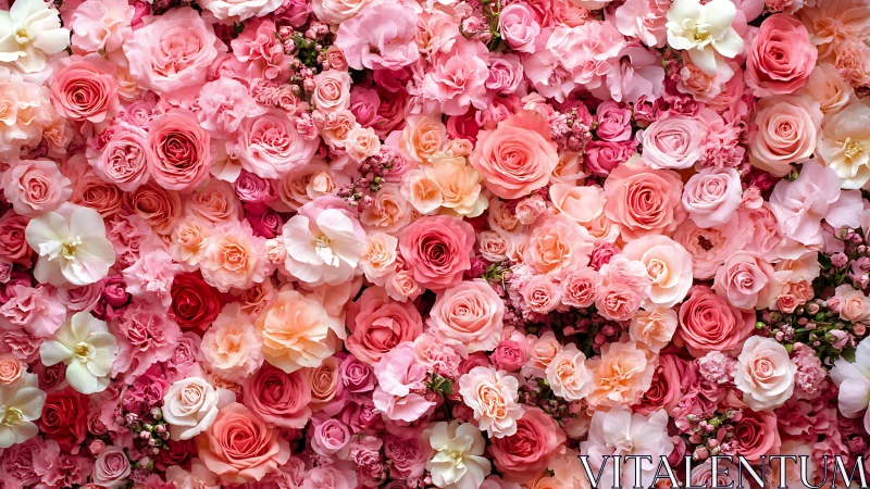 Densely packed floral arrangement displaying multiple rose and flower varieties.