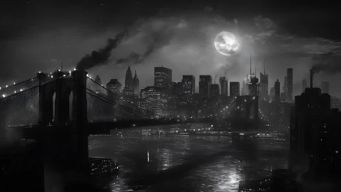 Night city skyline with illuminated bridges under full moon