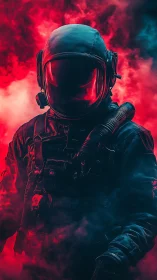 Bold space explorer emerging through neon cosmic fog.